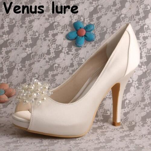 Ivory Satin Peep Toe Pearl for Decoration Shoes Wedding High Heeled