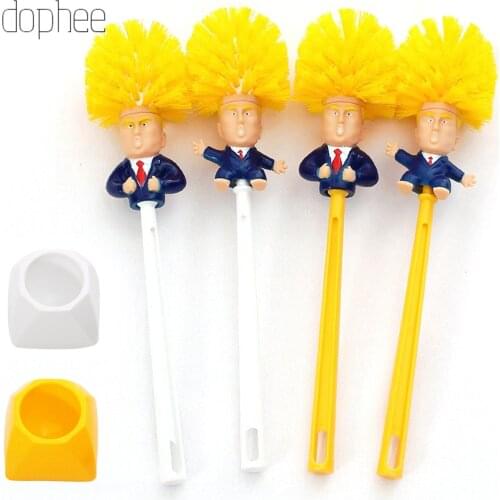 Dophee Trump Toilet Brush Holder Donald Trump Toilet Brush Head Silicone Bathroom WC Cleaning Brushes Set Statues Yellow Brush