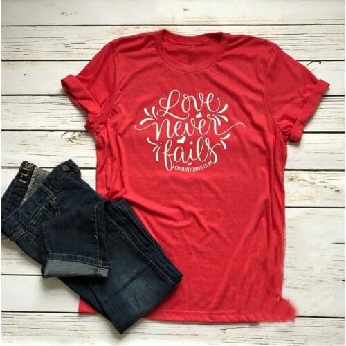 Casual Party Tee Tops Love Never Fails Shirt Christian Women Fashion Slgoan Aesthetic Red Street Style Bible