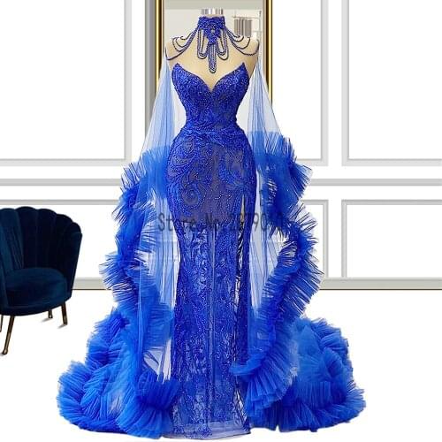 Royal Blue Mermaid Evening Dresses with Wrap Illusion Sexy Split Evening Gowns Beaded Prom Party Formal Dress