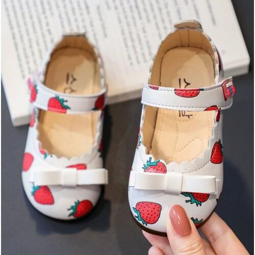 Girls' Leather Shoes 2021 Fashion New bowknot Non-Slip Soft Bottom Wear-Resistant Baby Cute Printed Strawberry Childrens Shoes