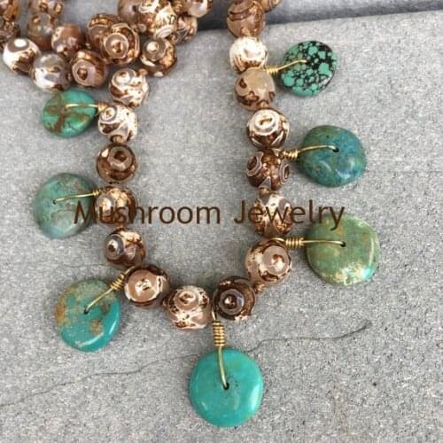 Round Turquoises Stone Beads Necklace Boho Long Hand Knot Agates Beads Necklace
