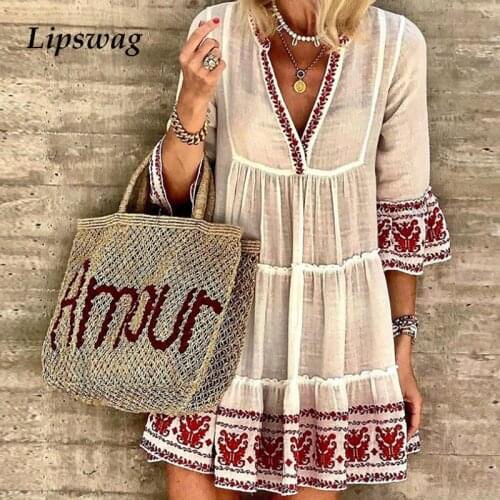 Summer Women Sexy V Neck Party Dress Lady Vintage Elegant Flare Sleeve Loose Beach Dress Casual Draped Ruffle Boho Dress Vestido