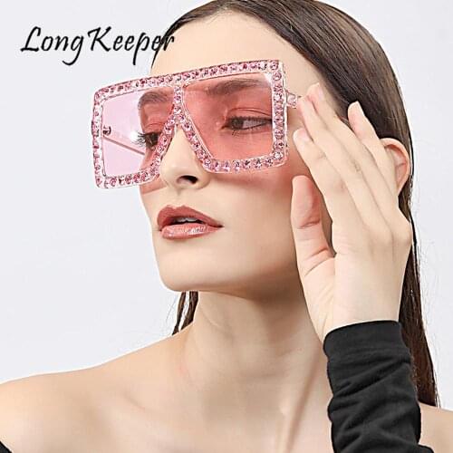 LongKeeper Diamond Oversized Sunglasses Women Big Frame Glasses Crystal One-piece Female Sun Glasses Rhinestone Eyeglasses Gafas