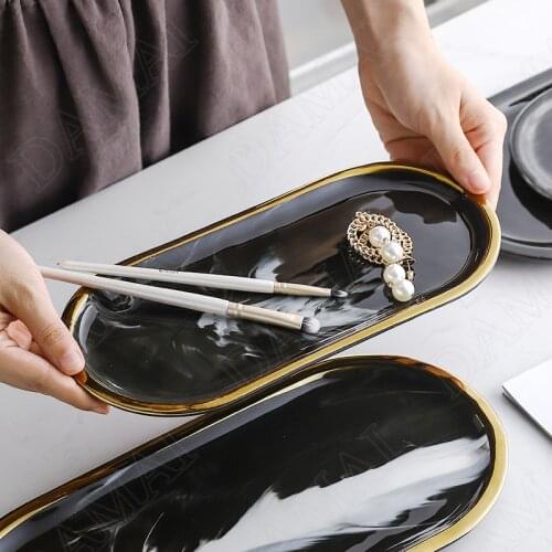 Marble Texture Ceramic Storage Tray Golden Frame Porcelain Dessert Food Plates Dressing Table Jewelry Cosmetic Organizer Trays