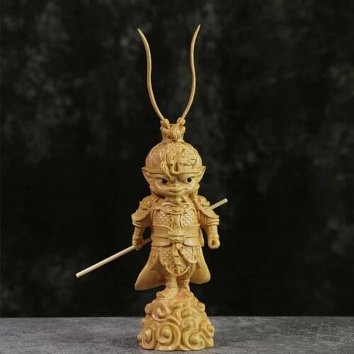 Cartoon Sun Wukong Sculpture 19CM Boxwood lucky buddha Statue Cute Monkey King Winning Buddha Home Decor Statues For Decoration