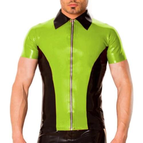 Made of 0.4mm thickness mens short sleeve slim latex shirts with apple green pitchwork black attached front zipper decorations