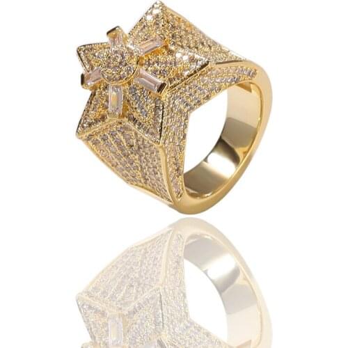 Hip Hop Mens Gold Color Five-pointed Star Zircon Ring Star Shape Ring Ice Out Cuban Jewelry Hip Hop For Men