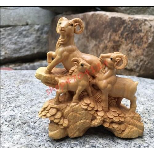 Natural boxwood, hand-carved solid wood Sanyang Kaitai mascot ornaments, 12 zodiac sheep, exquisite crafts, collections, decorat