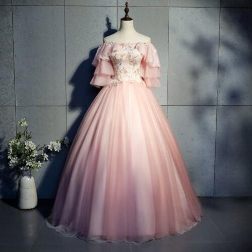 Pink vintage embroidery ruffled sleeve ball gown Medieval Renaissance Gown queen cos Victorian dress /Antoinette/ Belle ball