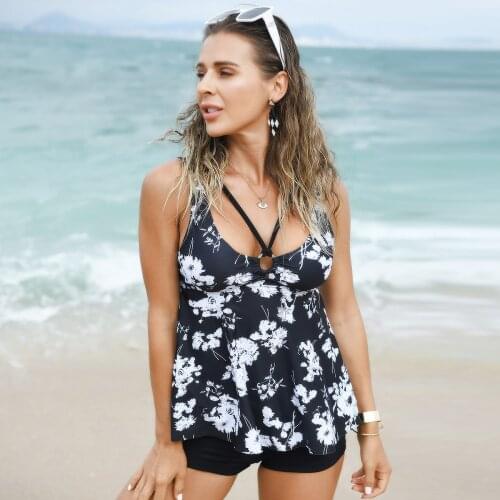 XXL Womens Tankini Printed Boxer Two-Piece Halter Neck Swimsuit Flowy Swimming Costume Strapless Bathing Suit Top with Boyshort