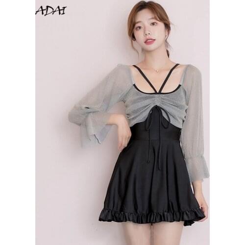 Swimwear Womens One-Piece Swimsuit With Skirt Sleeves Black Bathing Suits 2021 Sexy Push Up Bikini Summer Beachwear Monokini