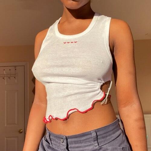 SEASONS Embroidery Heart Casual Crop Top Women White Summer 2021 Y2K Casual Hollow Out Black Bandage Sexy Tank Tops ASVE83002