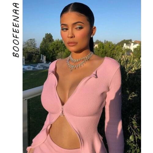 BOOFEENAA Sexy White Ribbed Double Zip Cardigan Knit Sweater Women Fall Winter Clothes 2020 Long Sleeve Tops Kyliejenner C76BF22