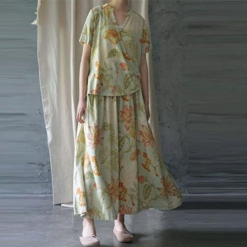 Johnature New Florat Print Short Sleeve Cotton Linen Women Dresses 2021 Summer Fake Two Pieces V-neck Button Vintage Women Dress