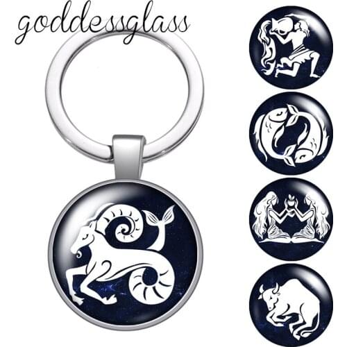 12 constellations Animals Zodiac Signs round glass cabochon keychain Bag Car key chain Ring Holder Charms keychains Gifts