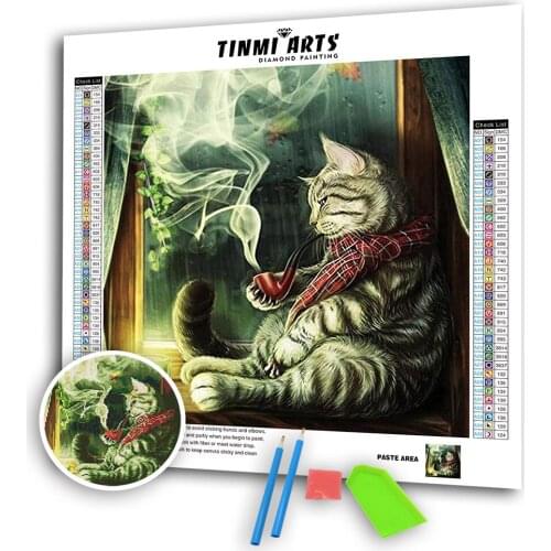 5D DIY Poured Glue Diamond Painting Scalloped Edge Full Round Animals Smoking Cat Mosaic Art Canvas Embroidery Decoration Home