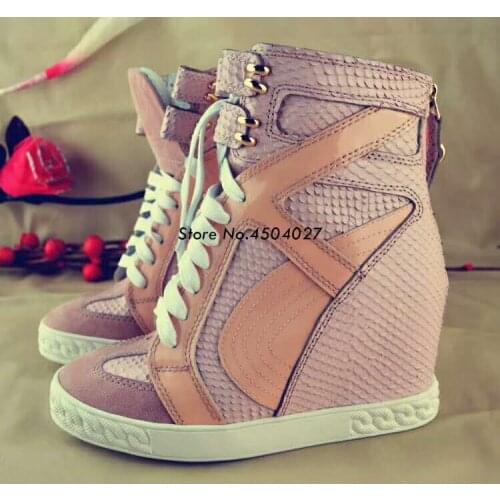 Spring Fall Lace Up Ankle Boots Wedge Platform White Snakeskin Woman Boots 8CM Height Increased Botas Feminina