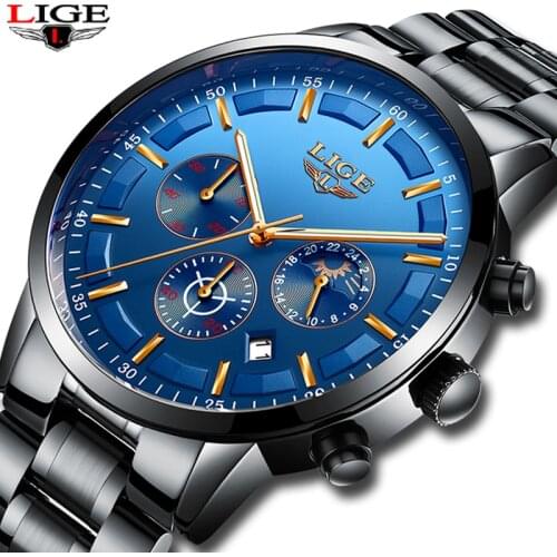 LIGE Mens Watches Top Brand Luxury Mens Sports Military Watch Mens Stainless Steel Waterproof Quartz Watch Relogio Masculino