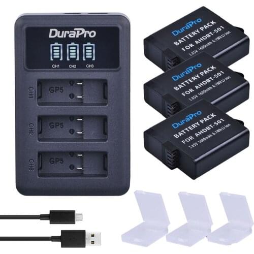 3pc 1600mAh AHDBT-501 AHDBT 501 Camera Bateria + LED Display 3-Ports USB Charger for gopro Hero 5 Go pro Hero5 AHDBT 501 Battery