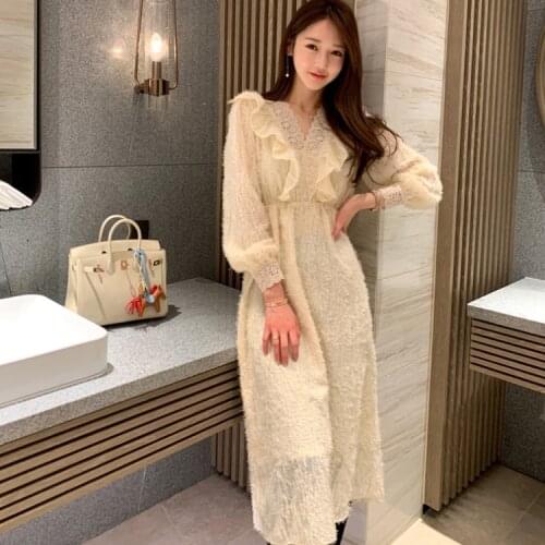 Elegant V-Neck Lace Patchwork Ruffles Tassel Design Dress Korea Vintage High Waist Casual A-line Party Dresses Vestidos