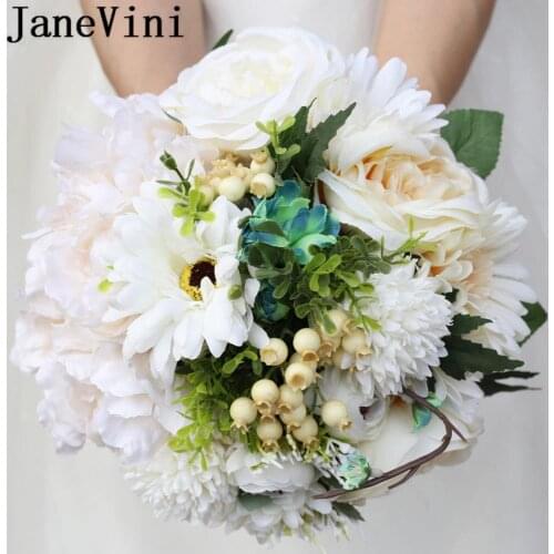 JaneVini White Flower Bridal Bouquets Silver Rhinestones Handmade Wedding Bride Bouquet Artificial Peony Mariage Accessories
