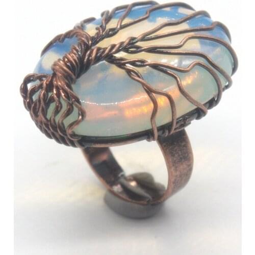 KFT Handmade Wire Wrapped Tree Of Life Oval Shape Resizable Opalite Opal Stone Finger Ring For Women Party Wedding Jewelry