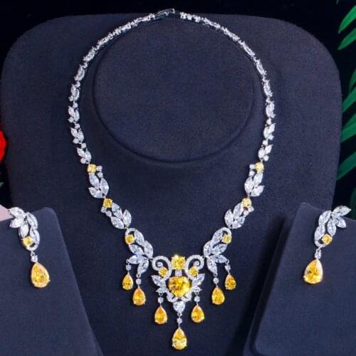 ThreeGraces Luxury Bridal Wedding Jewelry Set for Women Elegant Yellow Cubic Zirconia Chandelier Necklace Earrings Sets TZ610