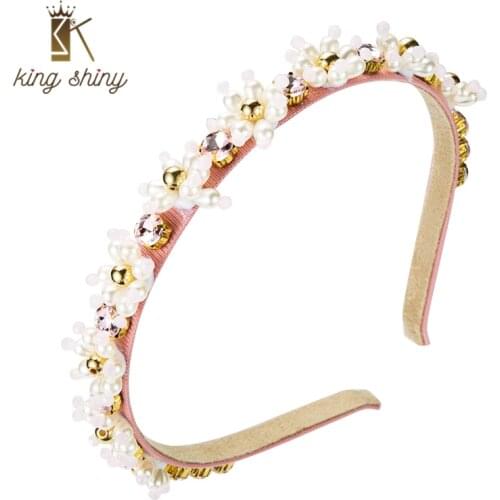 King Shiny Elegant Korean Imitation Pearl Flower Headband Temperament Sparkly Crystal Beaded Hairband Female Party Tiara Crowns