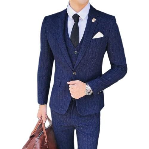 2021 Mens Fashion Dark Stripe Printed Slim Fit 3 Suit Piece Set / High Quality Plus Size Business Coat Vest Pants Blazer