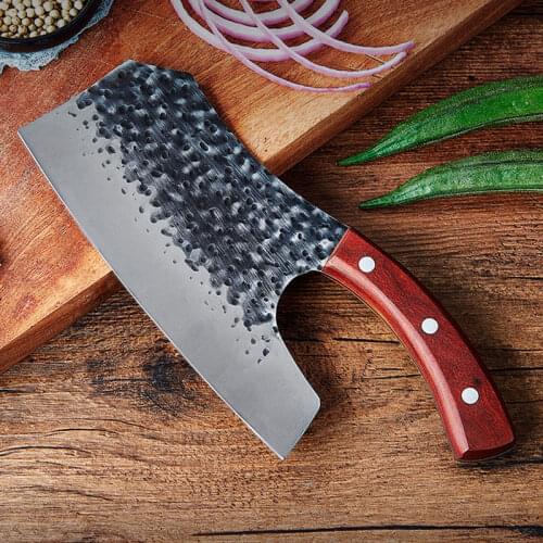 Butcher knife with wooden handle for slicing meat household kitchen knife forged hammer pattern hook tail curved handle Knife