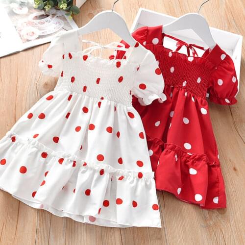 2 To 8 Years Childrens Cute Clothing Girls Summer Chiffon White Red Short-sleeve Dress Korean Polka Dot Princess Evening Dress