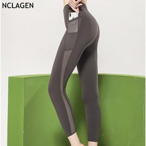 NCLAGEN Mesh Yoga Pants Women Pocket Tights High Waist Gym Sport Workout Running Sexy Fitness High Waist Training Leggings