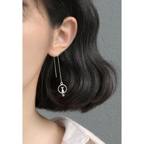 New Silver Color Long Moon Cat Earrings for Women Christmas Girls Gifts