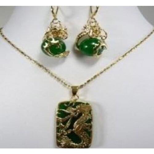 New Womens Charming Green jade Dragon Pendant necklace earring set 25E9R7