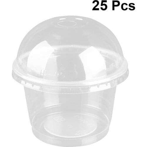 25pcs 250ml Disposable Salad Cup Transparent Plastic Dessert Bowl Container with Lid for Bar Cafe Home (Dome Hole)