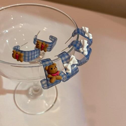 Origin Summer Multiple Korean Style Cute Plaid Arcylic Hoop Earrings for Women Bear Bowknot Geometric Heart Statement Earrings