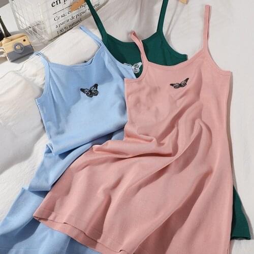Knitting Camisole Short Dress Women Summer Embroidery Butterfly Slash Neck Sleeveless Lady Off Shoulder Pink Dress Preppy Style