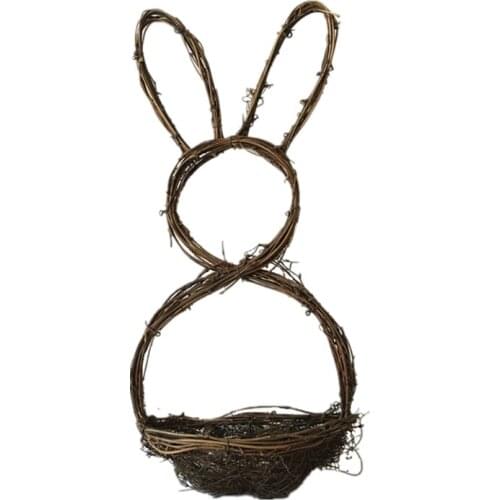 Handmade Rattan Easter Rabbit Storage Basket Wreath Wood Curl Bunny Shape Garland Hanging Ornament Holiday Party Decor