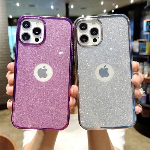 Clear Shining Glitter LOGO Hole Phone Case For iPhone 12 11 Pro Max X XR XS Max 7 8 Plus Soft Rhinestone Shockproof Back Cover