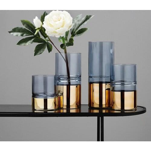 Nordic Light Blue Transparent Glass Vase Gilded Base Flower Arrangement Plant Hydroponic Vase Living Room Countertop Decoration