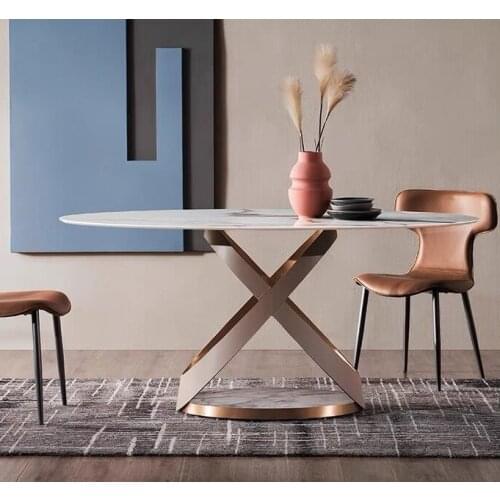 ChinaFurniture Alternative Processing Factory Modern Light Luxury Marble Countertop Stainless Steel Feet Round Dining Table Set
