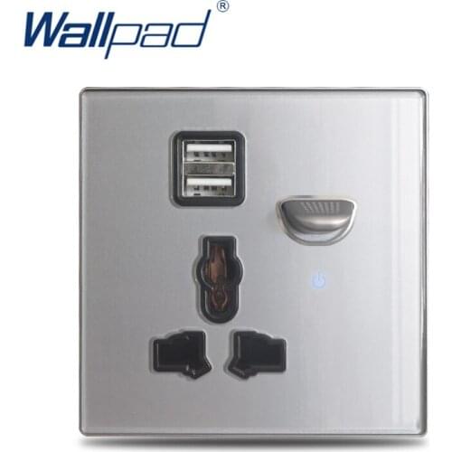 Wallpad L6 Grey Tempered Glass Switched Universal Wall Socket with 2.1A Double USB Charging Ports LED Indicator