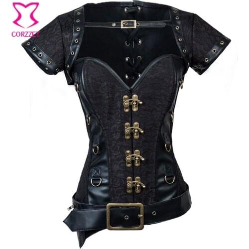 Vintage Black Brocade & Leather Corset Plus Size Corselet Overbust Steampunk Corset Jacket Pouch Belt Outfits Gothic Clothing
