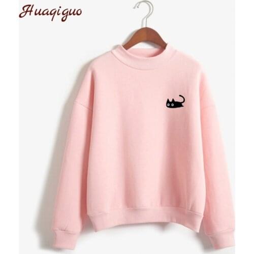 Kpop Autumn Casual Harajuku Kawaii Black Cat Sweatshirts Women Long Sleeve Turtleneck Tops Pullover Funny Cartoon Print Hoodies