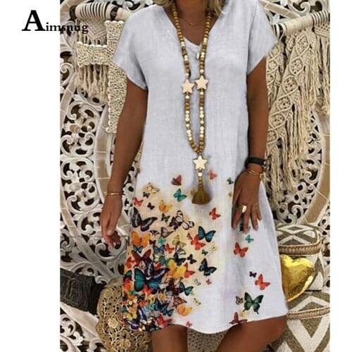 Plus Size 3xl Women Elegant Linen Dress Sexy V-neck Boho Print Party Dresses 2021 Ladies Short Sleeve Casual Knee-Length Dress