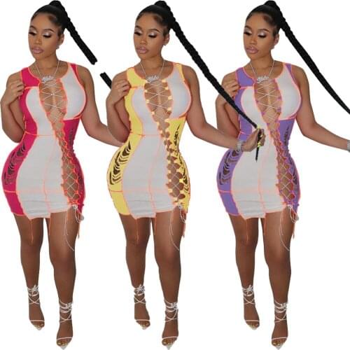 Summer Trend New Fashion Sexy Hit Color Stitching Hollow Straps Burnt Flower Tight-Fitting Hip Dress