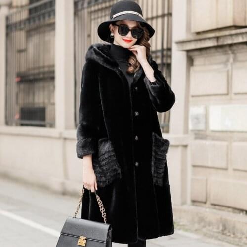 Winter Coat Women 2021 Mink Fur Pocket Hooded Coat Sheep Fur Integrated Womens Mid Long Coat Winter FS21140