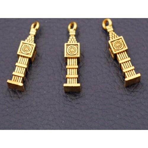 10pcs Antique Gold Tone Charm Metal Accessories Retro Bell Tower Pendants For Jewelry Handicraft Making 27*6mm P39