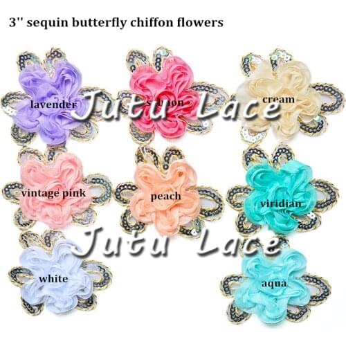 60 pcs/ lot , 3'' shabby flowers sequin butterfly shabby chiffon flowers for headband apparel accesssories